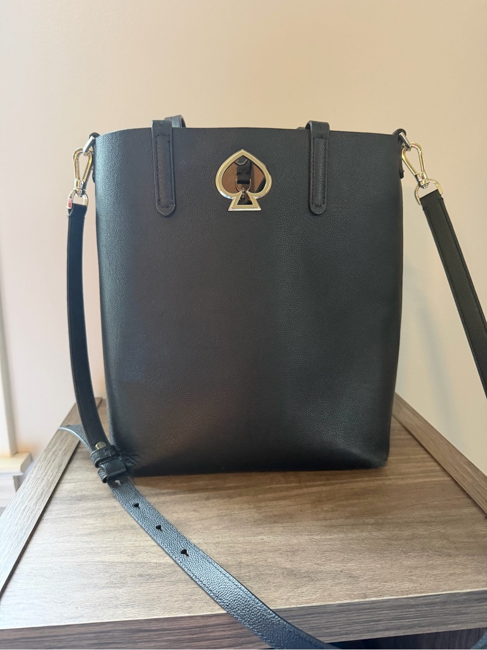 kate spade Black Leather Crossbody Bucket Tote with Gold Spade Accent